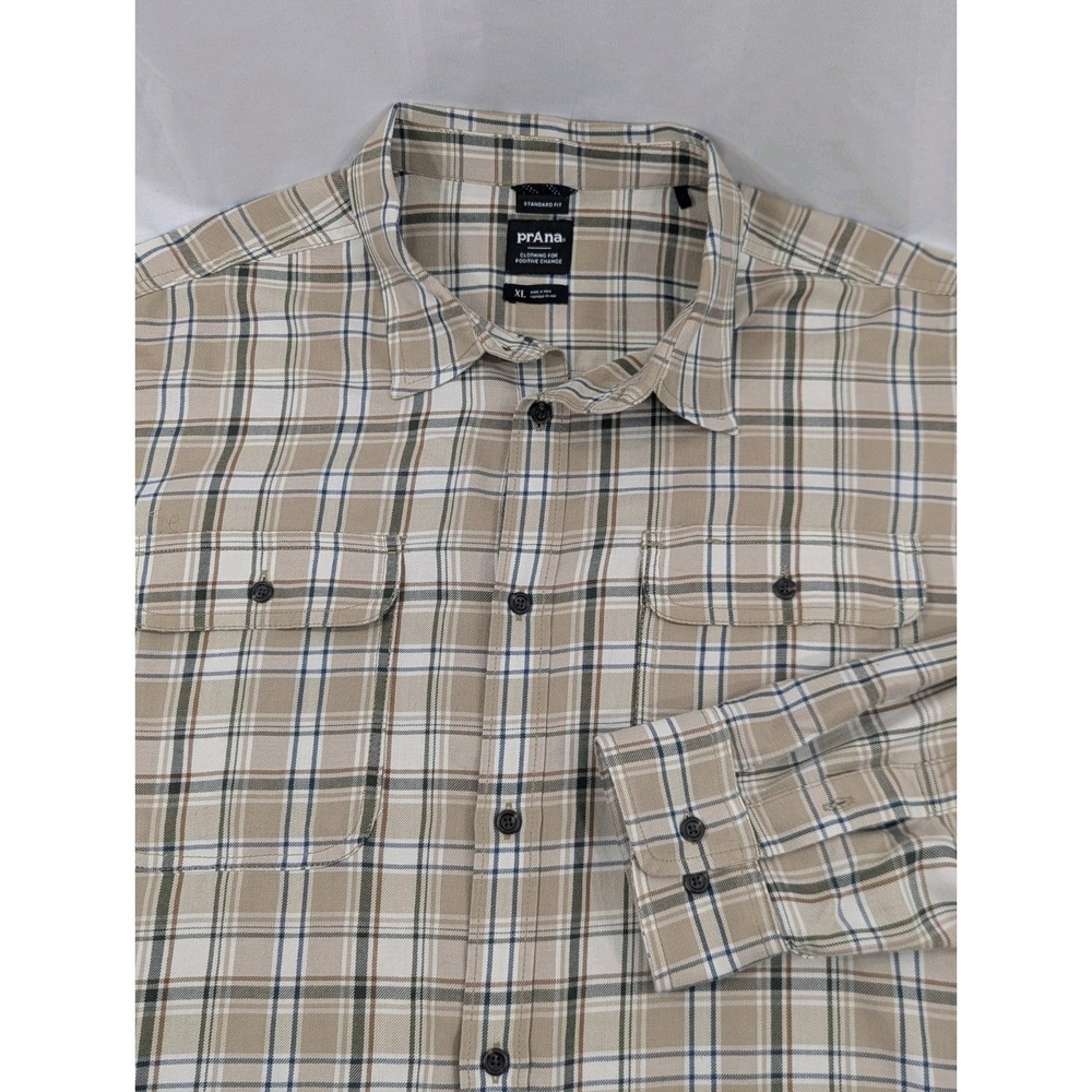 Prana Shirt‎ Adult Extra Large XL Beige White Organic Cotton Mens Flannel